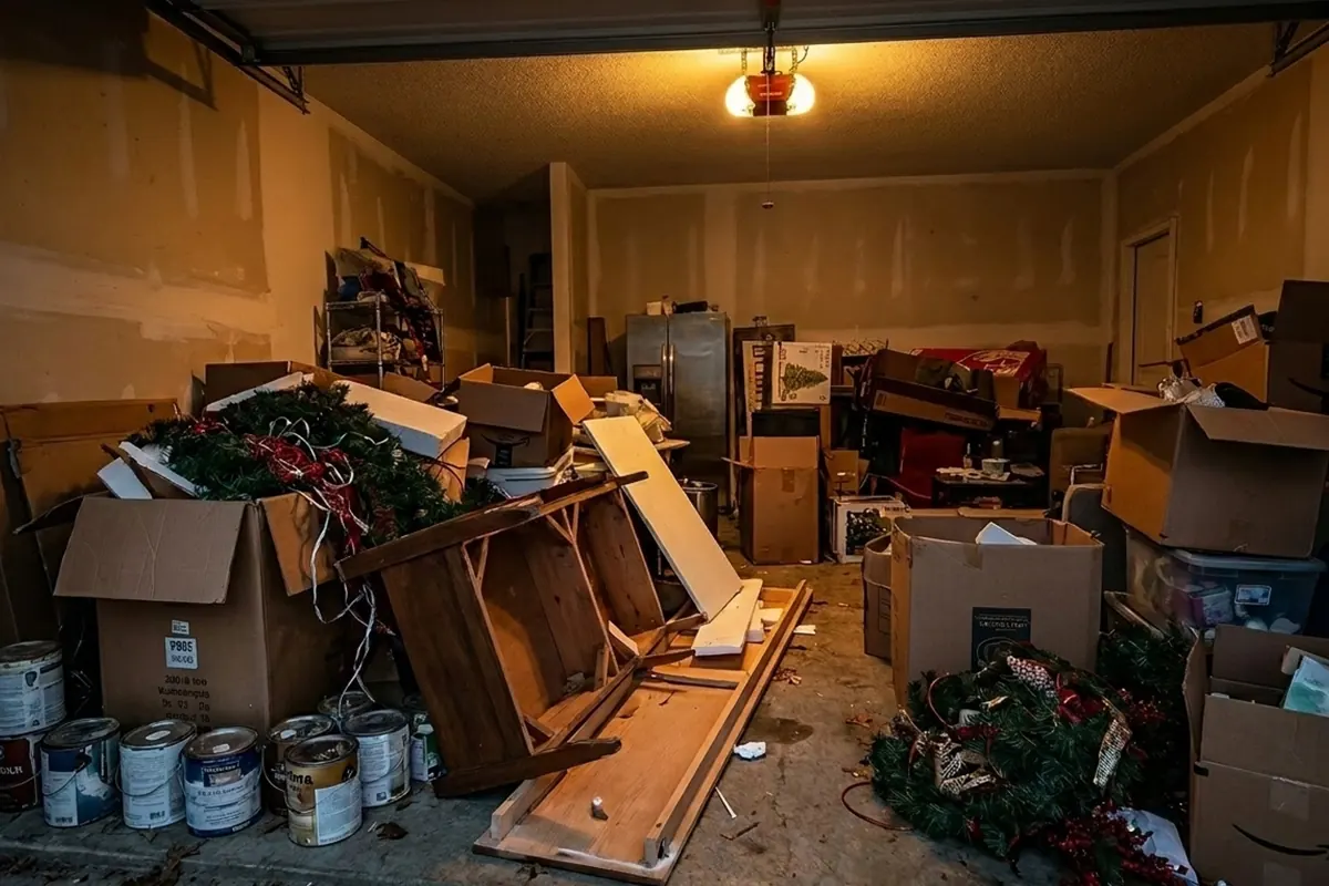 Cluttered garage before cleanout