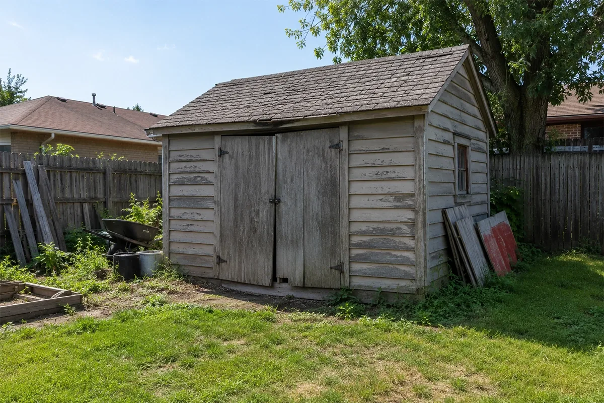 Rotting backyard shed before Peachy Clean demolition in Smyrna, GA