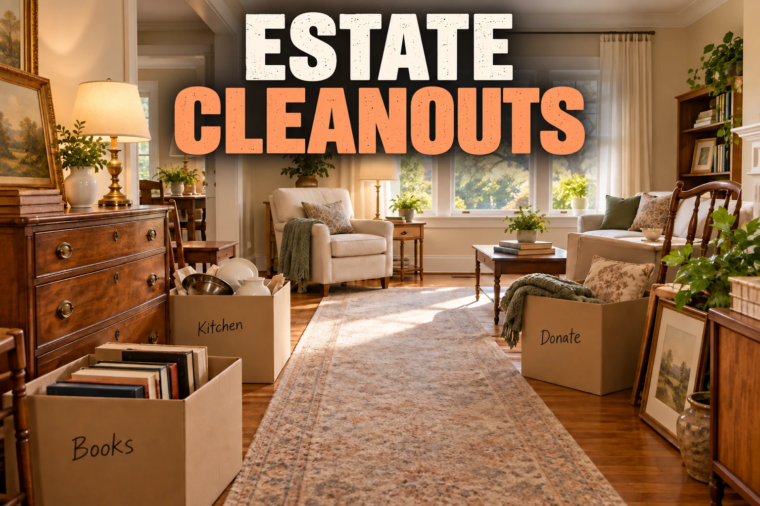 Estate cleanouts service illustration with furniture and sorted household belongings