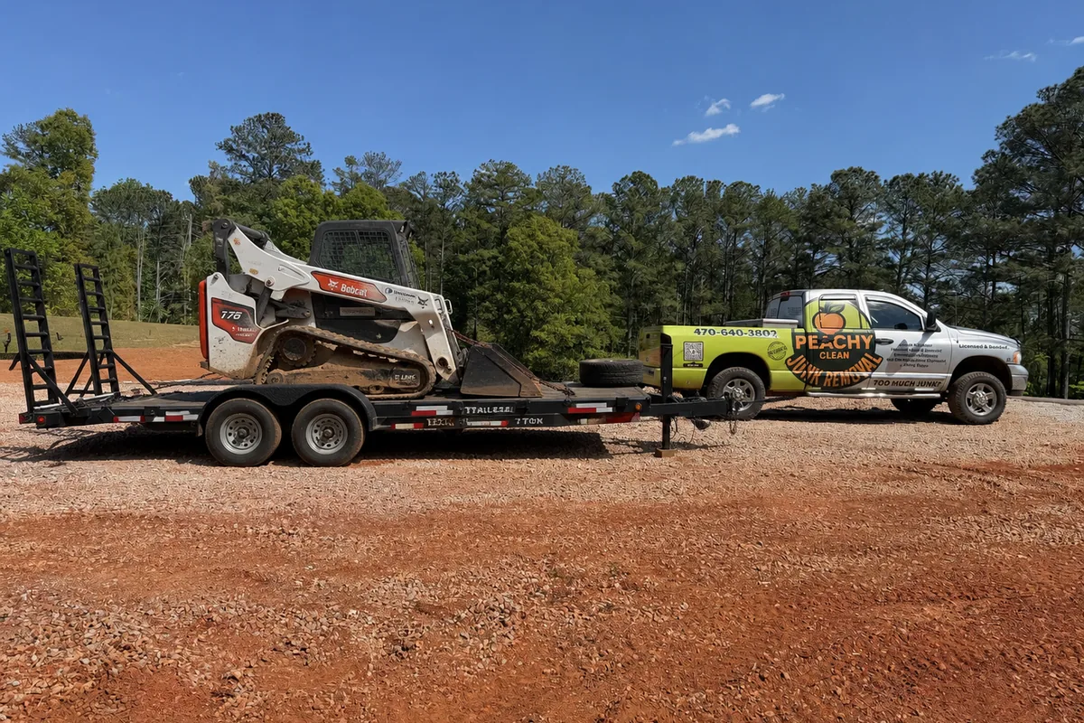 Peachy Clean 21-foot flatbed trailer loaded for a heavy hauling job in West Metro Atlanta