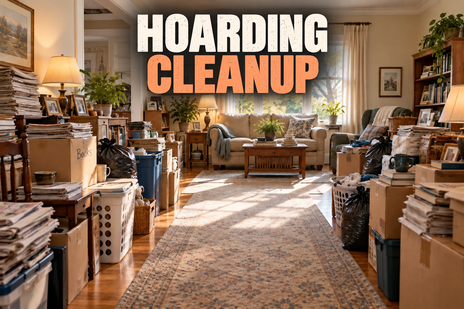 Hoarding cleanup service illustration with accumulated belongings and a cleared walking path